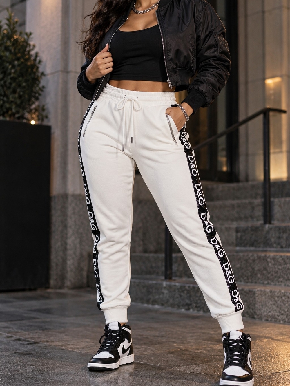 Dolce & Gabbana White D&G Sequin Stripe Joggers S/M Made in Italy Designer Logo